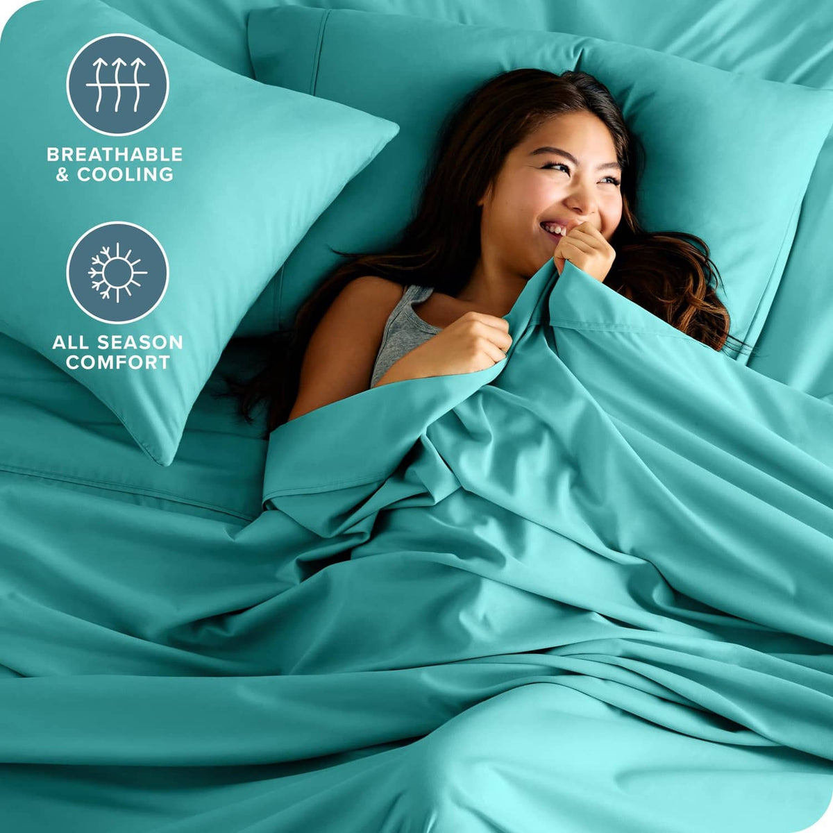Turquoise twin bed sheet set with smooth fabric and matching pillowcases