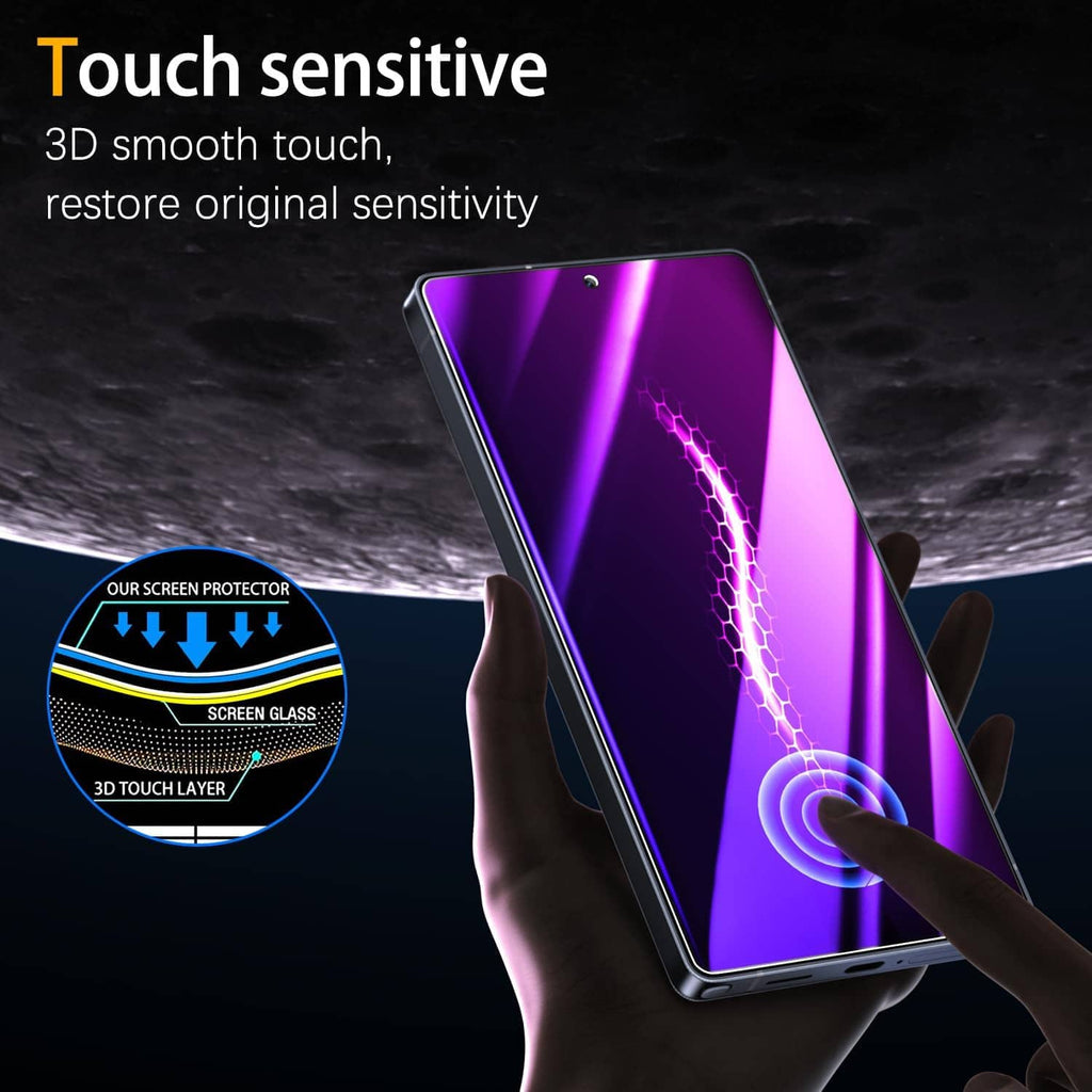 Touch-sensitive privacy screen protector, purple tempered glass with smooth 3D edge