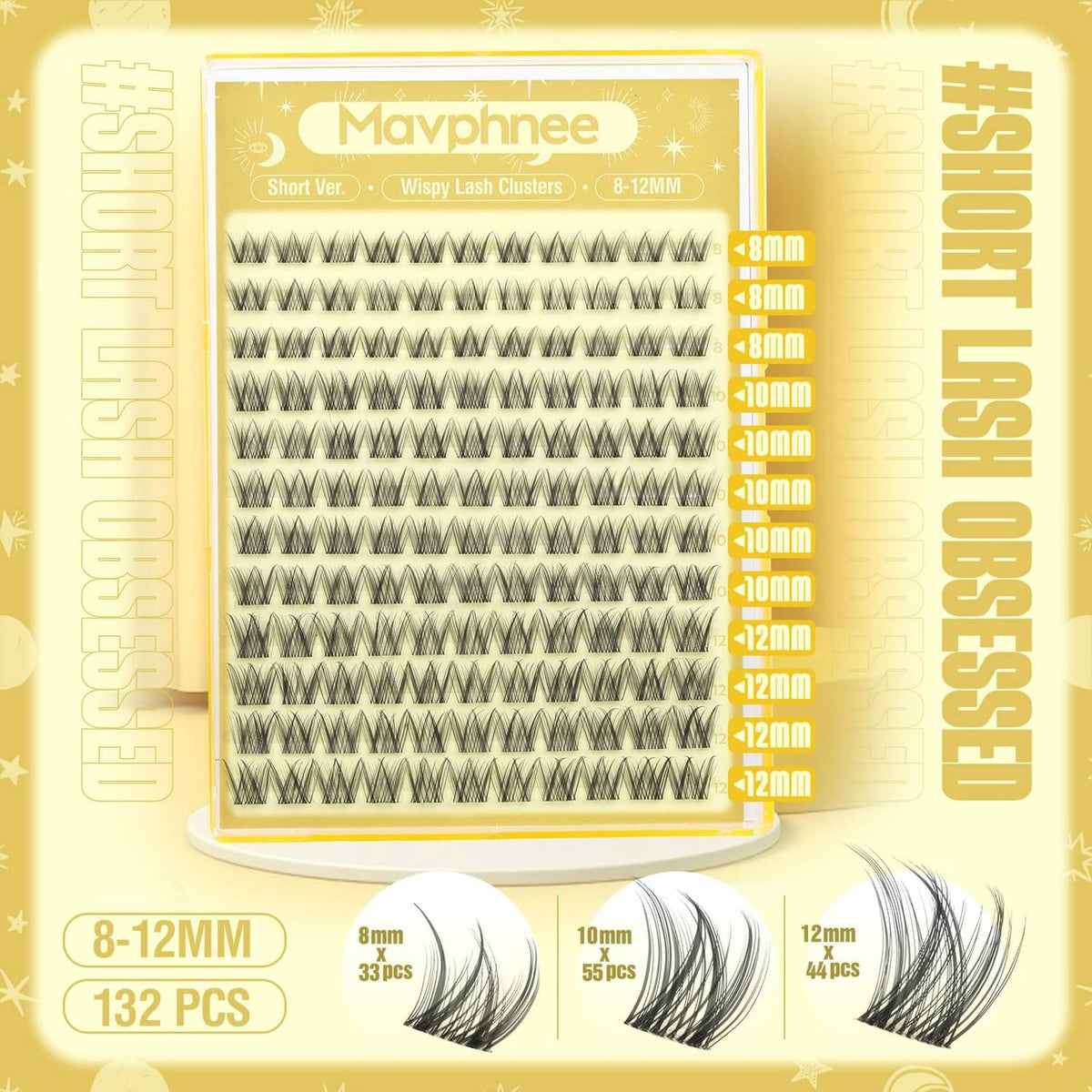 Black lash clusters on a boxed length chart, labeled 8–12mm with counts