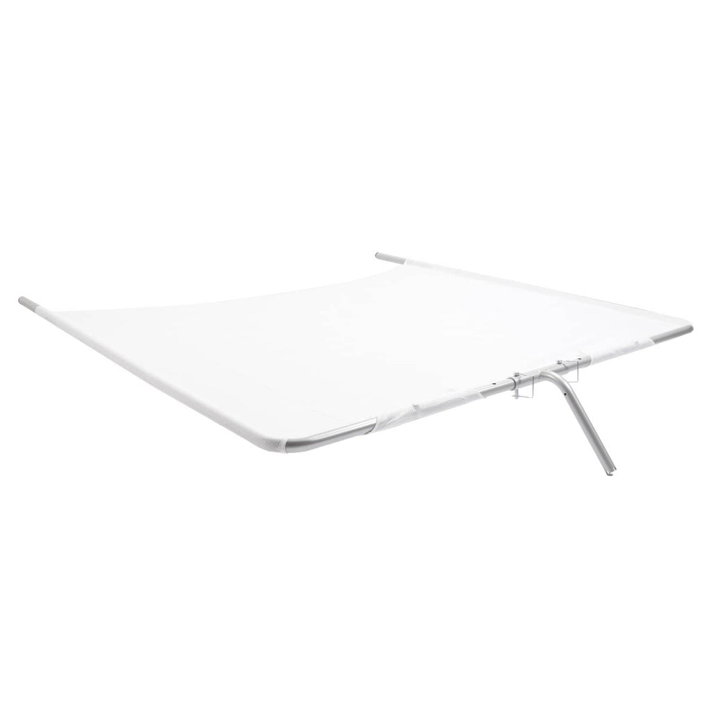 White boat sun shade with flat mesh canopy and silver support poles