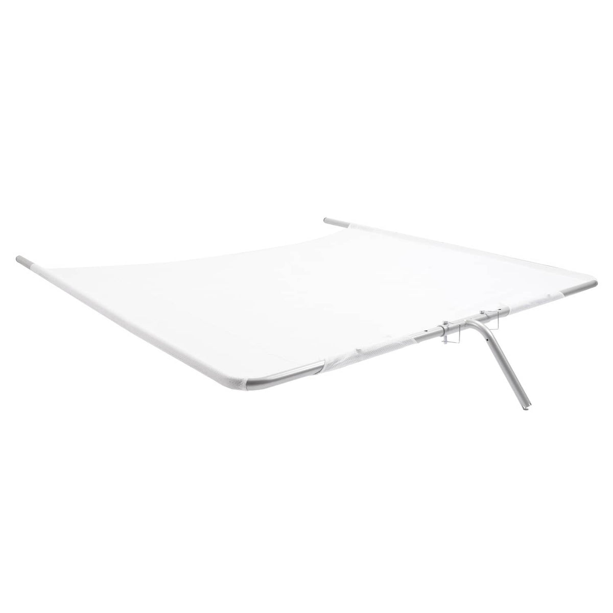 White boat sun shade with flat mesh canopy and silver support poles