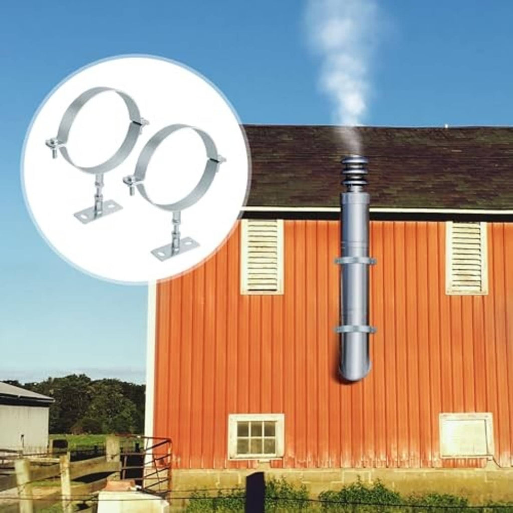 Chimney pipe support brackets mounted on building exterior, gray split rings with posts