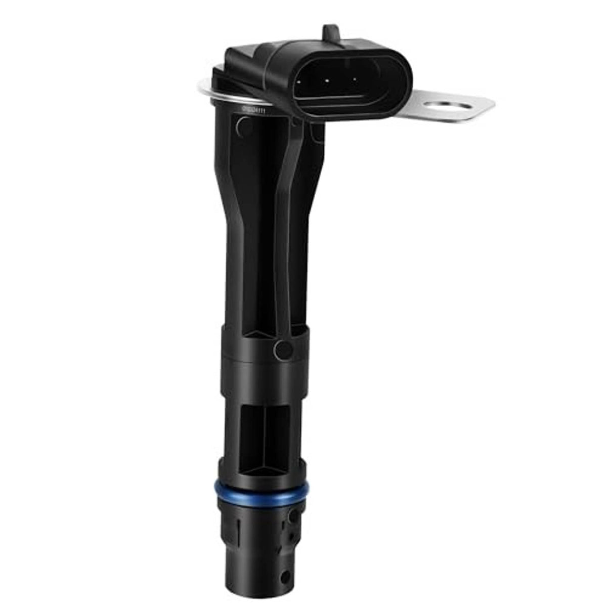 Black camshaft position sensor with metal mounting bracket and plug connector