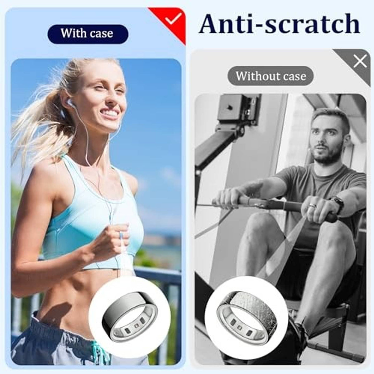 Silicone ring cover with anti-scratch protection, shown with and without protective case