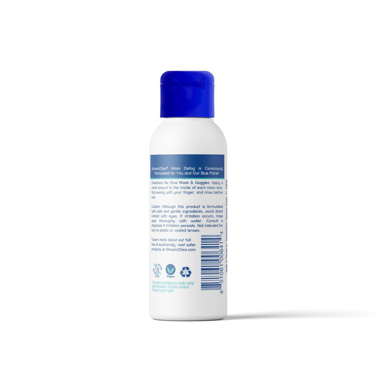Mask defog spray bottle with blue cap, back label facing up