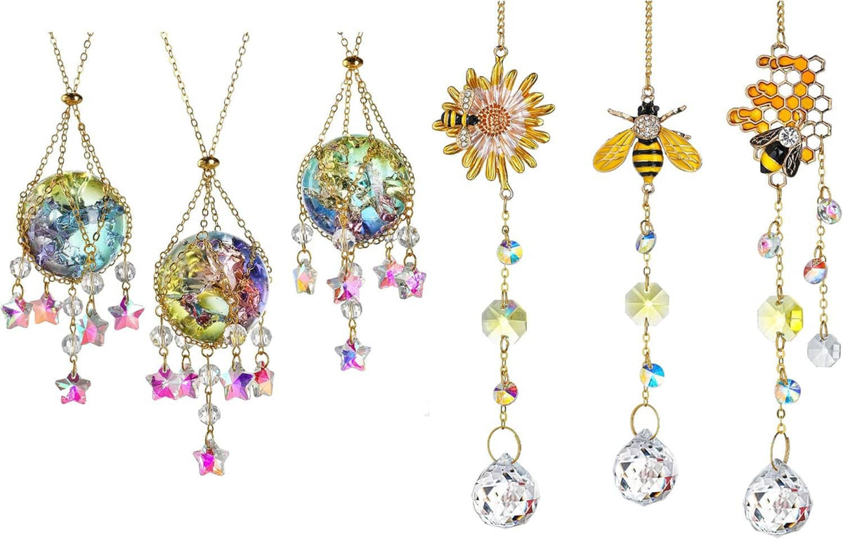 Crystal honeycomb bee sun catcher ornaments, 3-pack with dangling multicolor beads