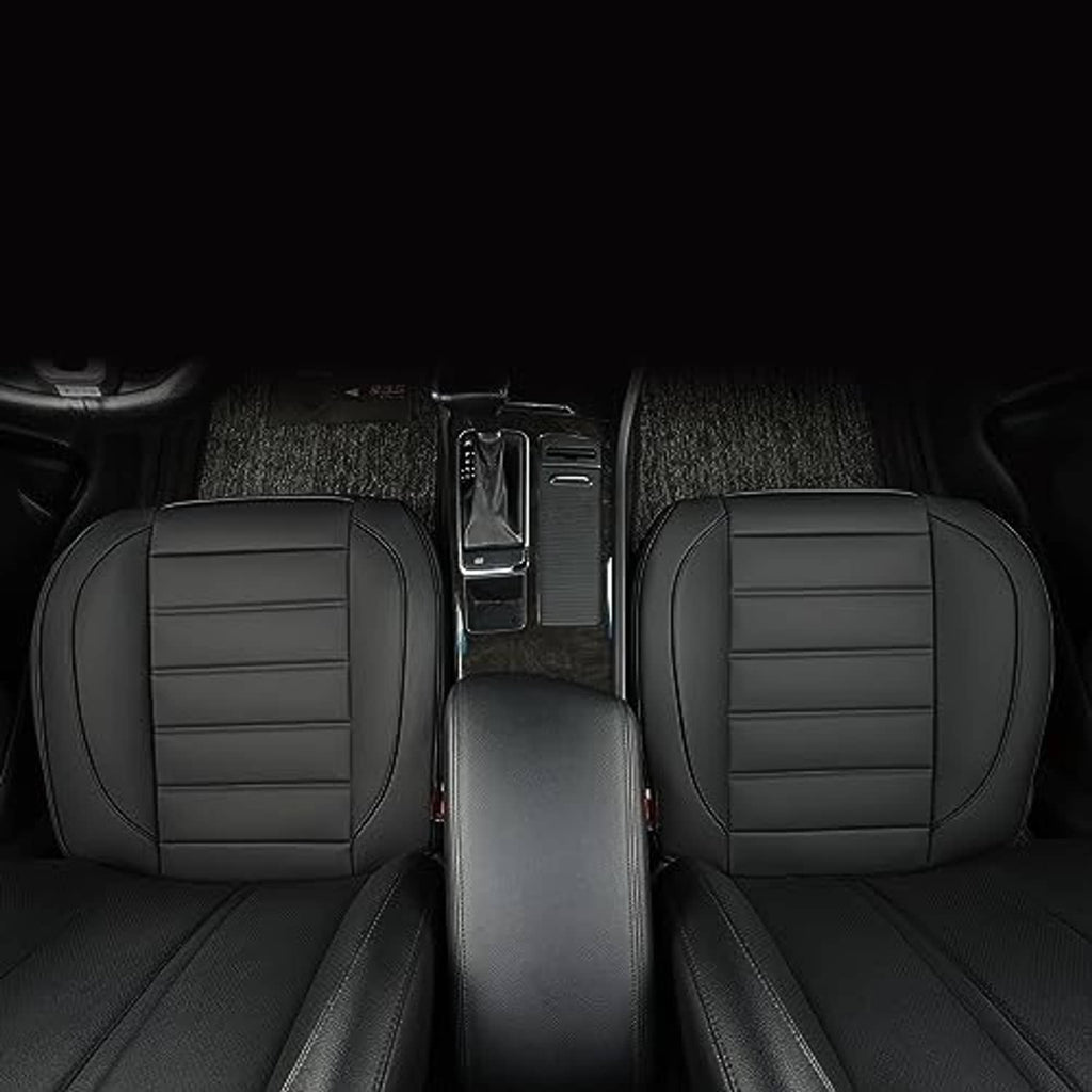 Black front seat bottom covers for both seats with stitched panel pattern and contoured shape