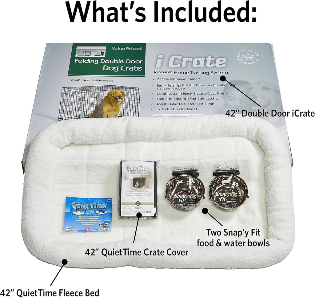 Dog crate bundle contents: fleece bed cover and food & water bowls