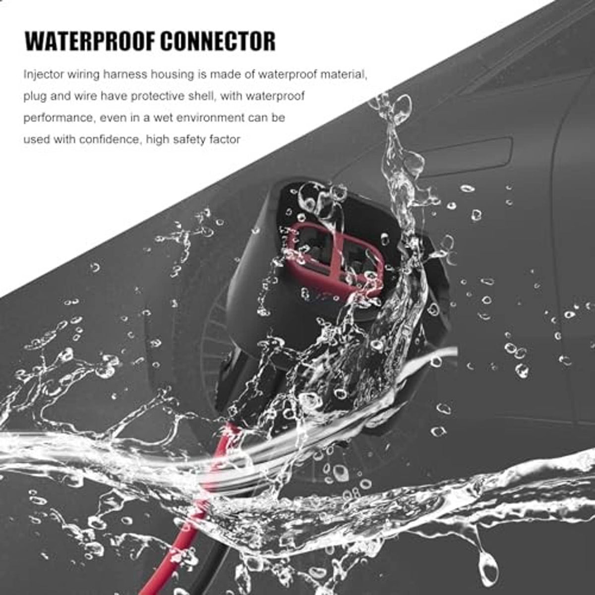 Water-resistant style fuel injector connector with black housing and red/black wires