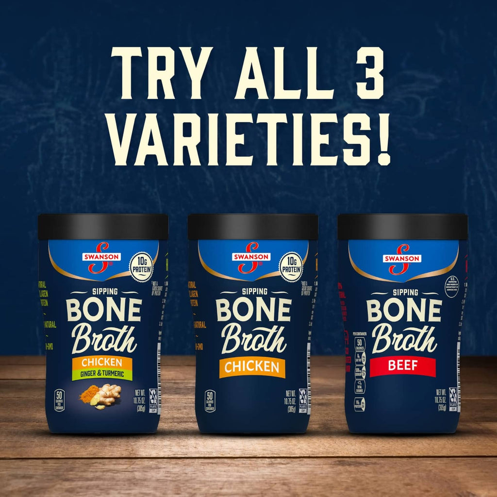 Three Swanson bone broth cups: chicken, variety, and beef shown side by side
