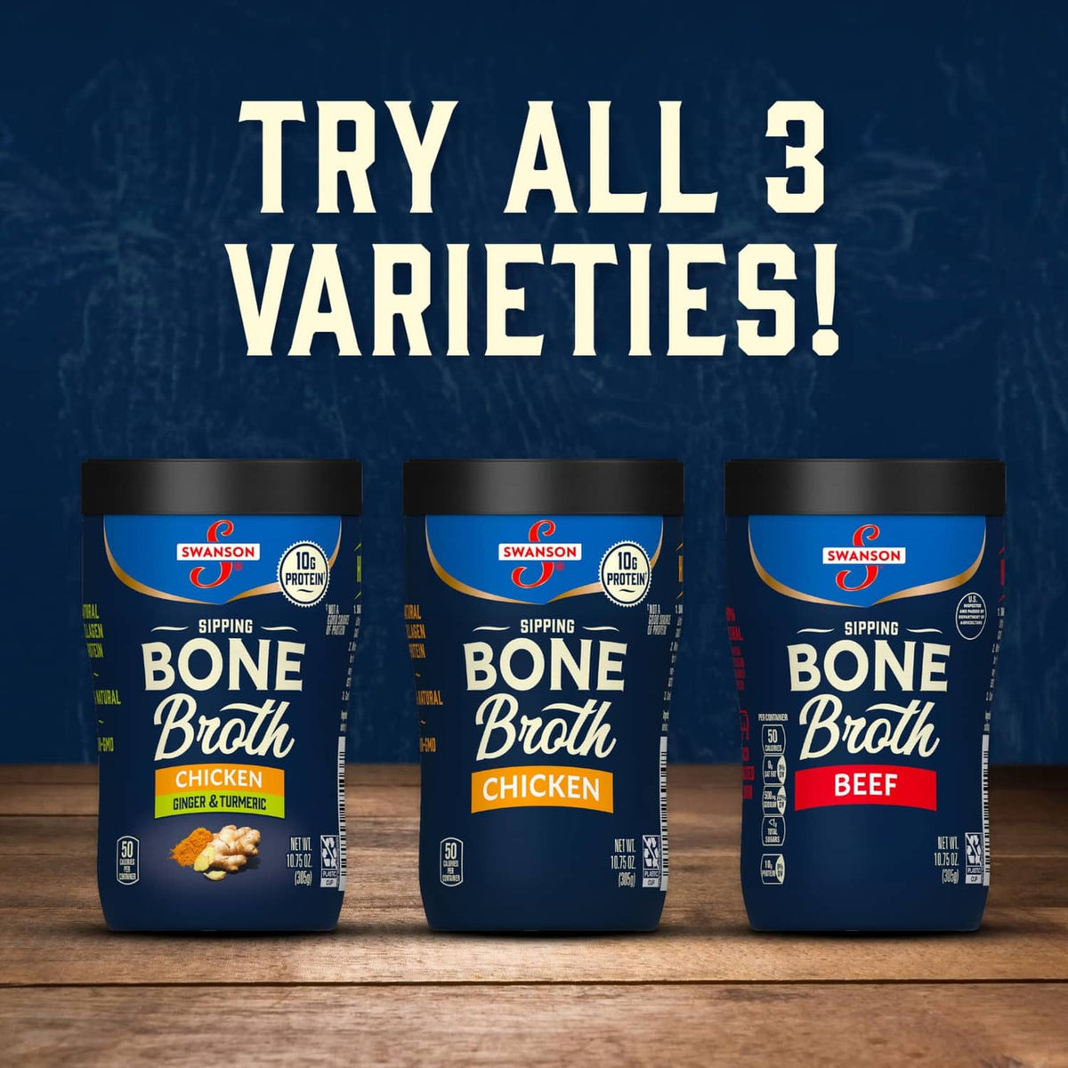 Three Swanson bone broth cups: chicken, variety, and beef shown side by side
