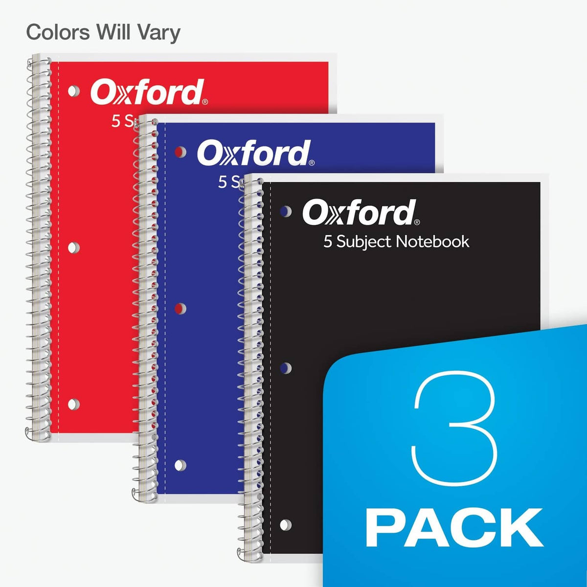 Oxford 3-pack 5-subject spiral notebooks, assorted red, blue, and black covers
