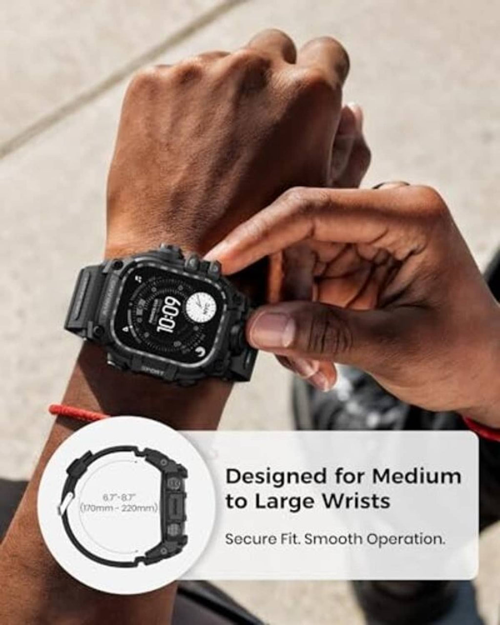 Matte black rugged watch case on wrist, textured strap with strap holes and buckle