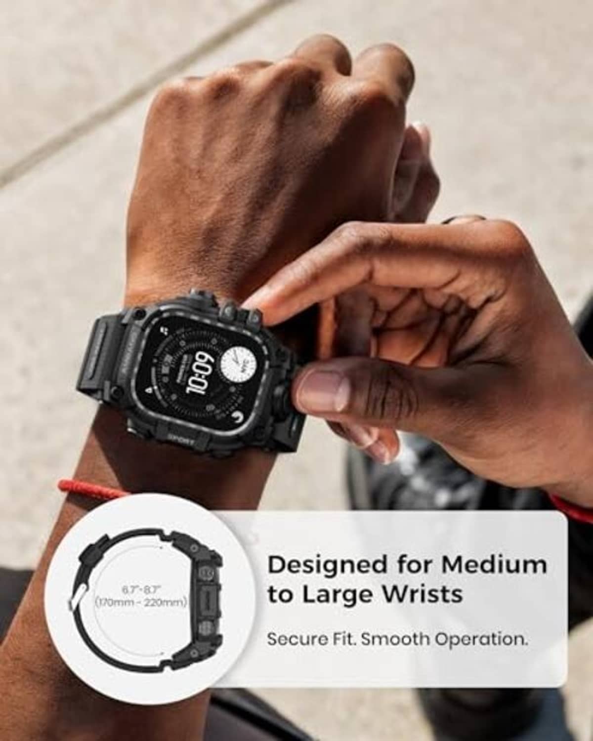 Matte black rugged watch case on wrist, textured strap with strap holes and buckle