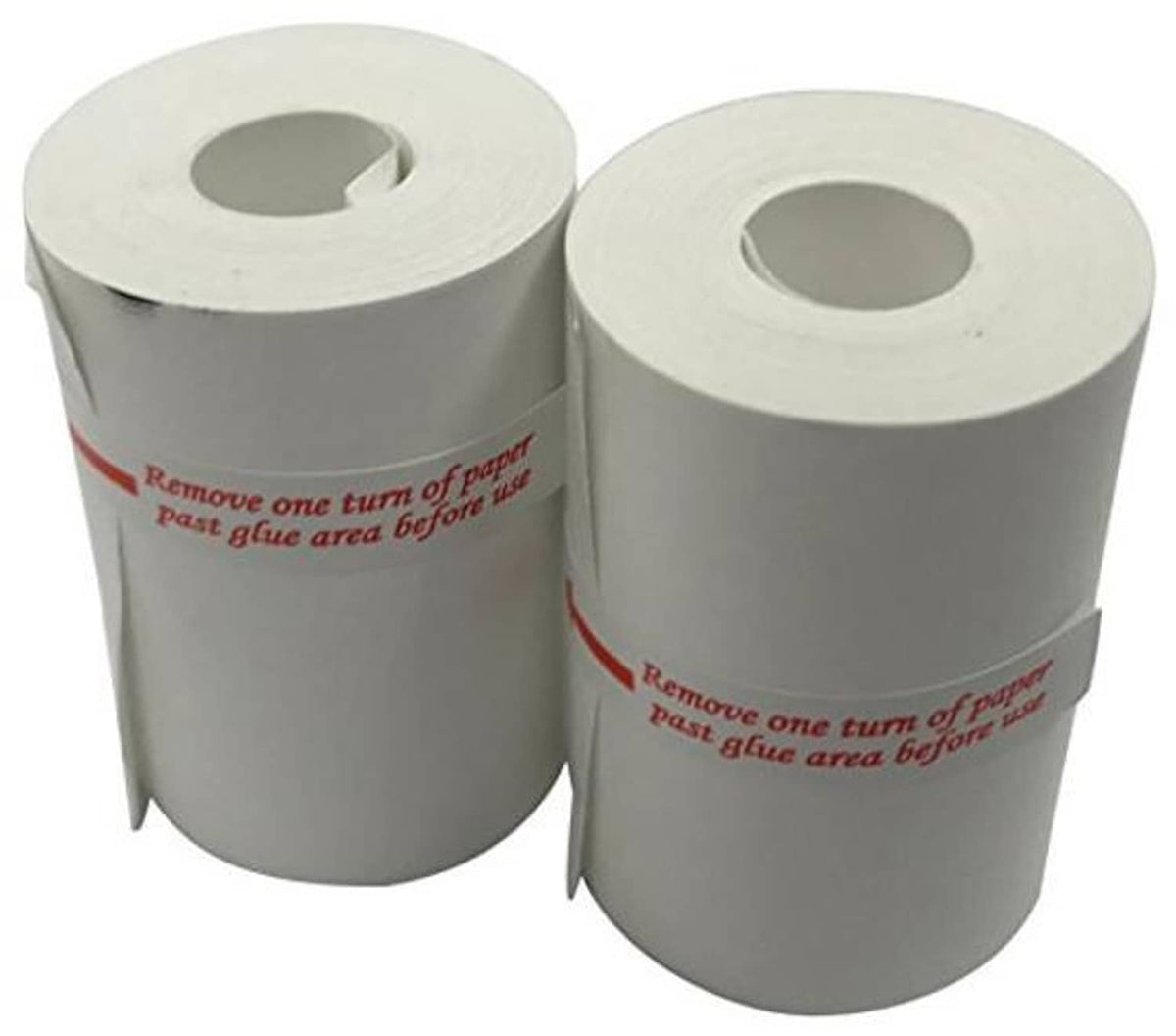 Two gray replacement paper rolls with center holes and red instruction text
