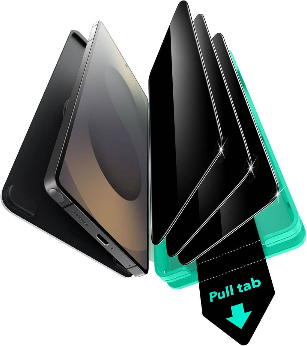 Privacy tempered glass screen protectors with black film and pull tabs