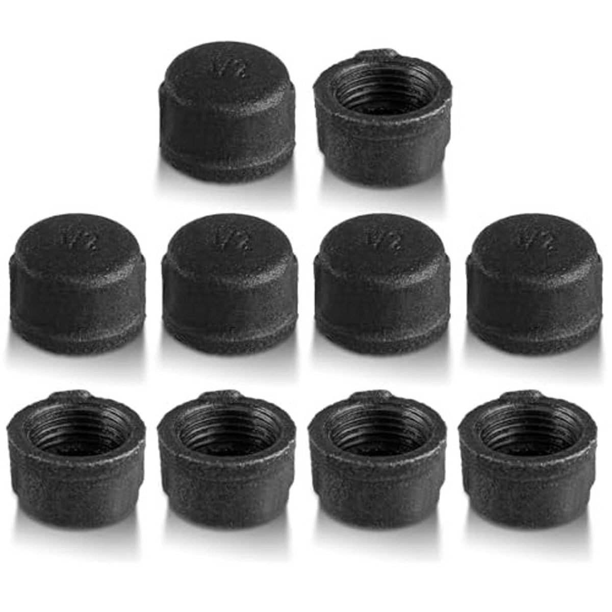 Pack of 10 black pipe thread caps, 1/2 in threaded, textured malleable iron