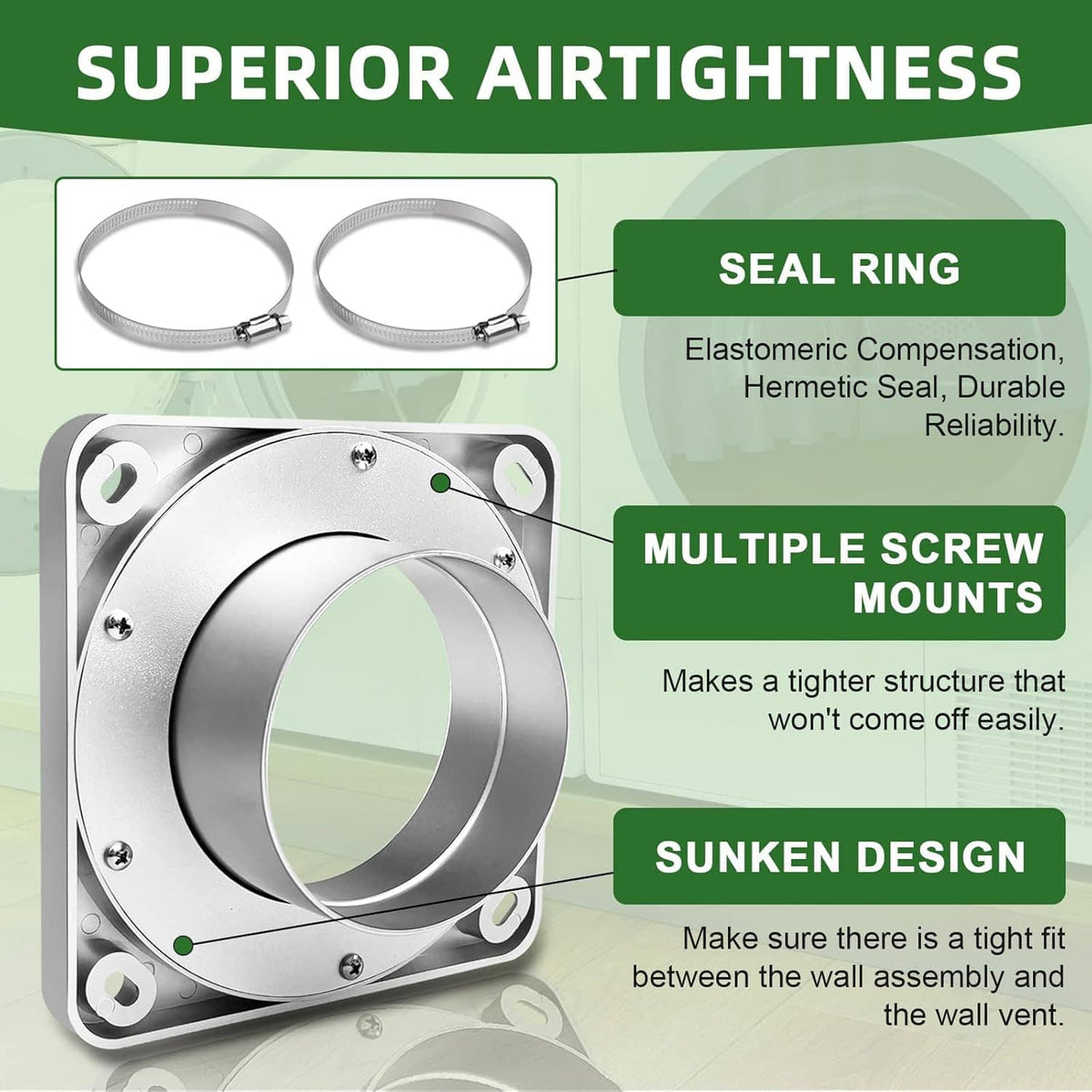 Dryer vent coupling wall plate with seal ring and screw mounts, close-up design details