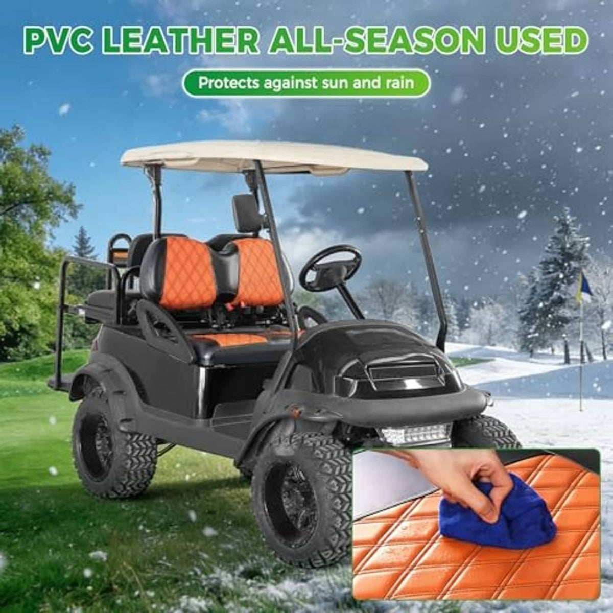 Orange diamond seat covers on a golf cart with inset cleaning cloth for protection