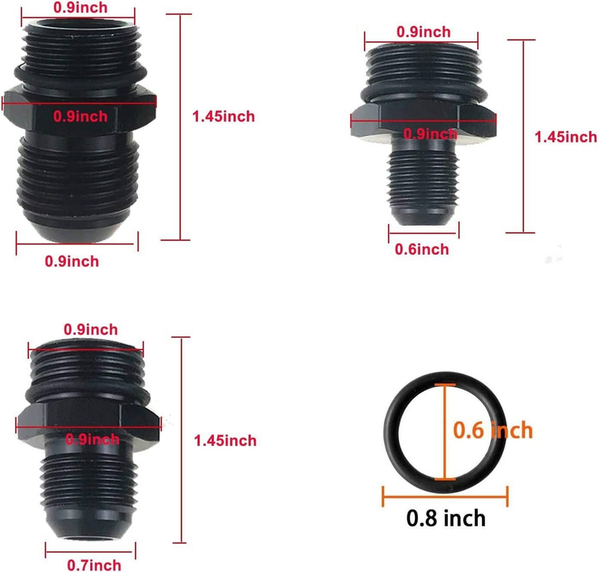 Black threaded fitting size diagram with measurements for multiple adapter types