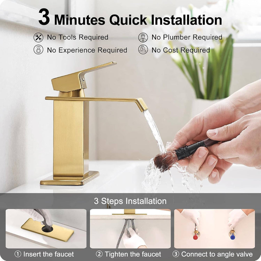 Gold single-handle bathroom faucet with waterfall spout, being installed