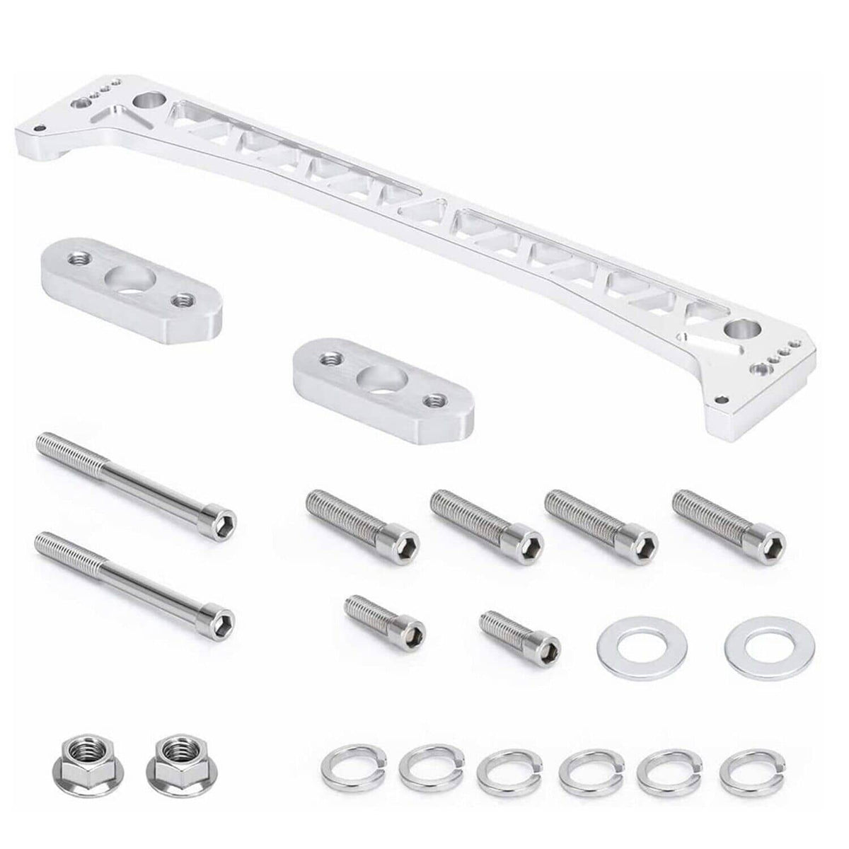 Silver billet rear brace bar with bolts, washers, and nuts hardware kit