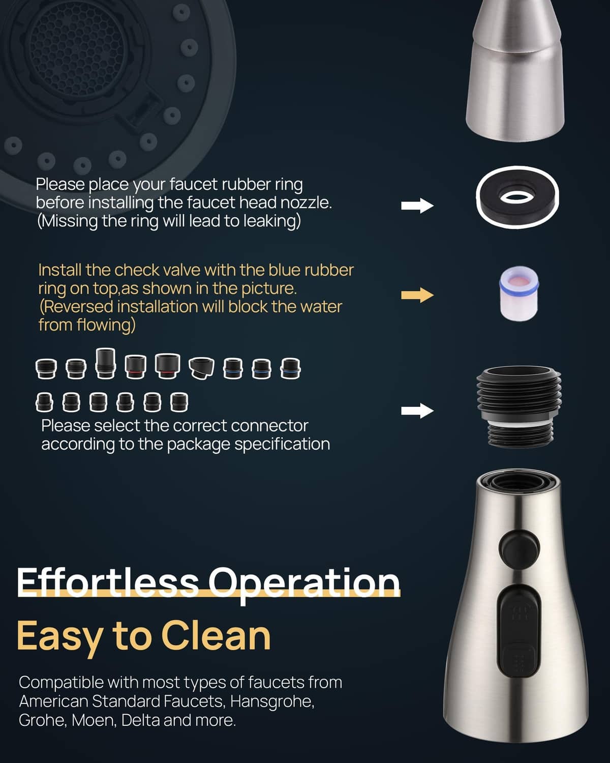 Faucet sprayer head nozzle installation parts with rubber ring and adapters