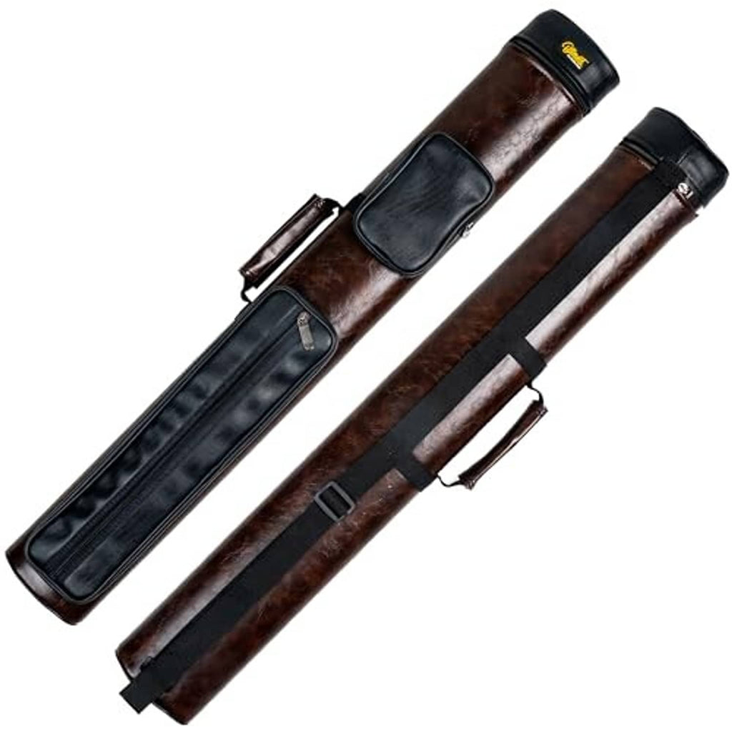 Brown 2-cue hard pool cue case with zip compartments and end caps