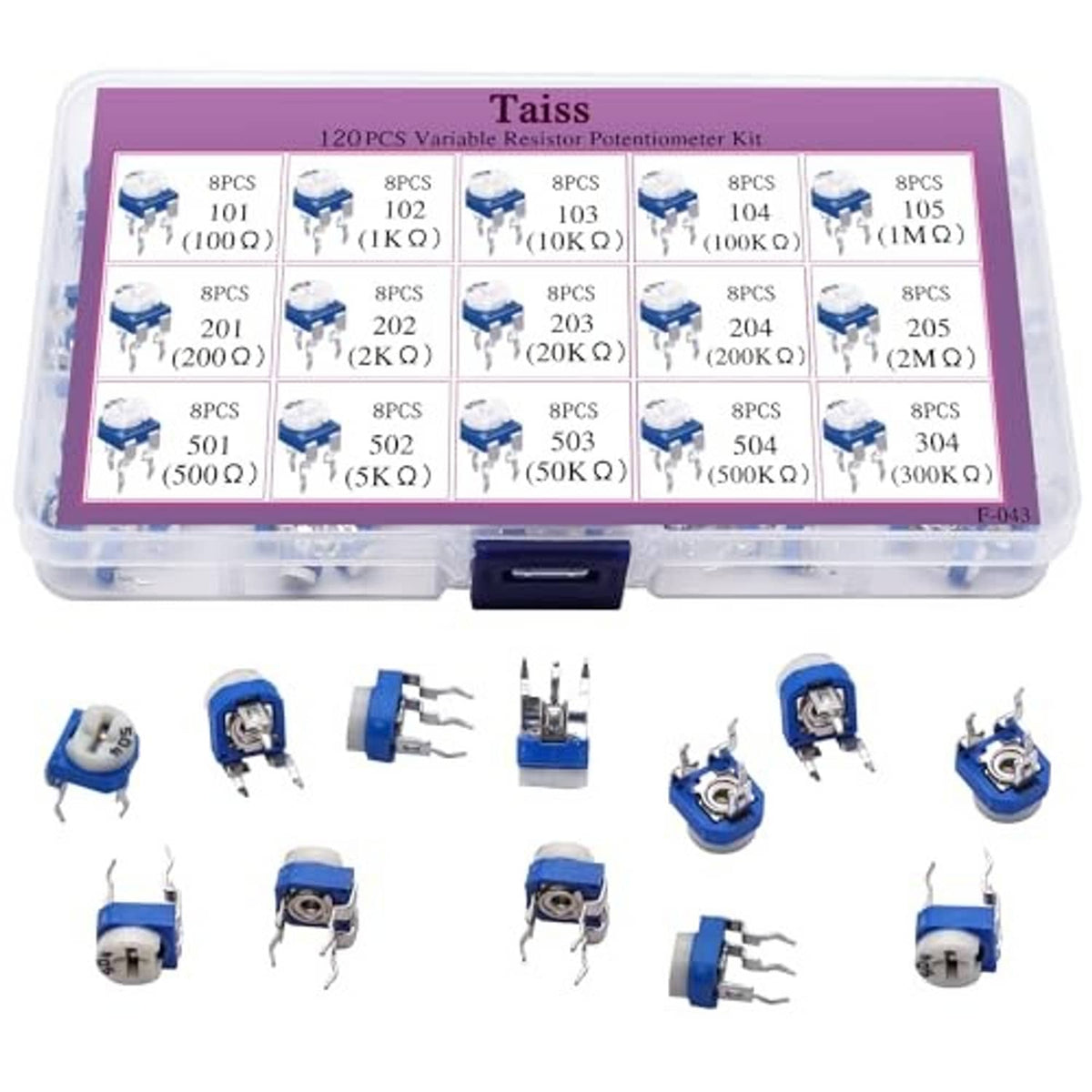 Lidded clear case containing blue 6mm trimmer potentiometers with assorted leads