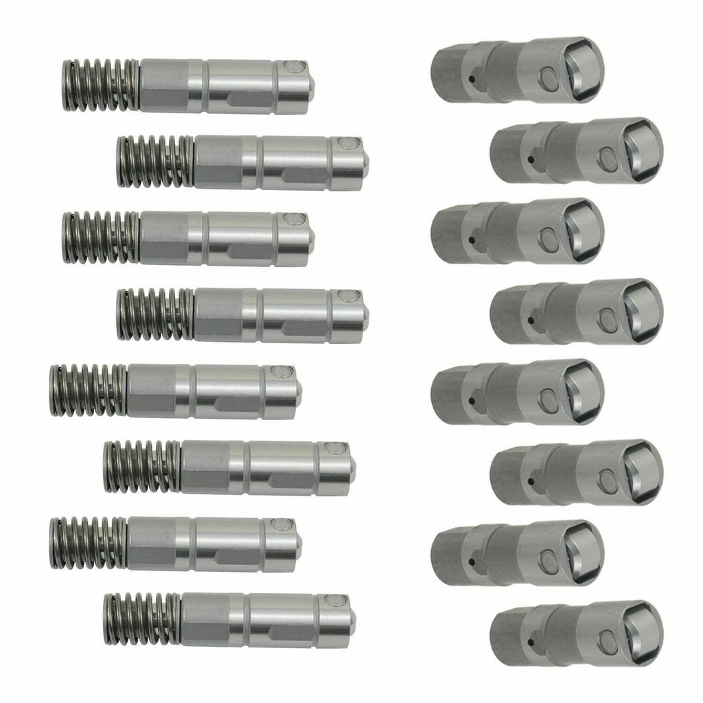 16 silver valve lifters with coil springs and hex caps, shown from multiple side angles