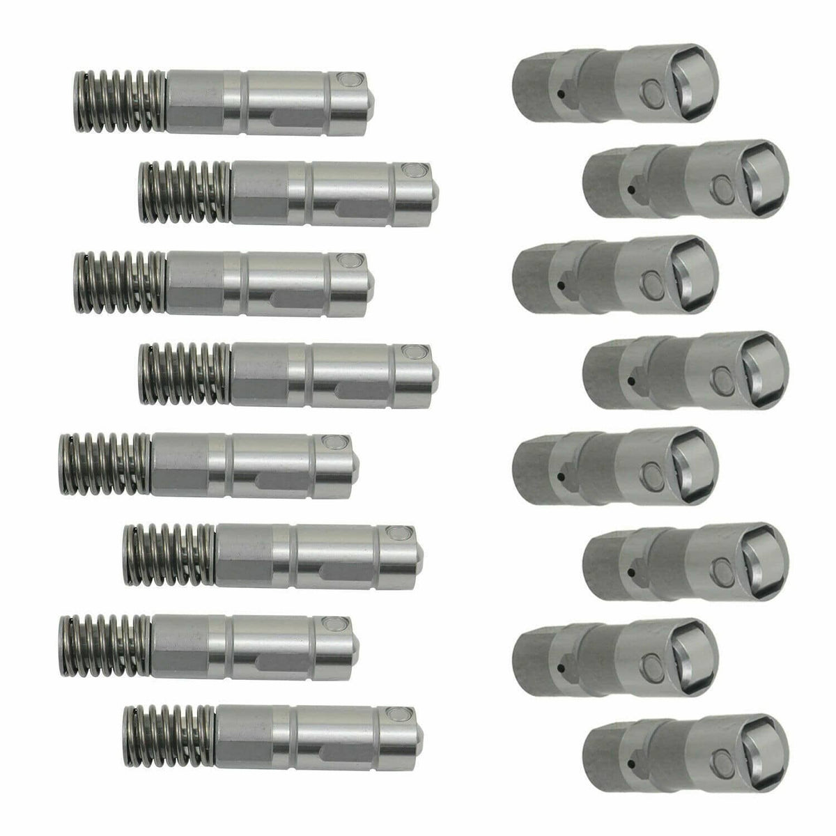 16 silver valve lifters with coil springs and hex caps, shown from multiple side angles