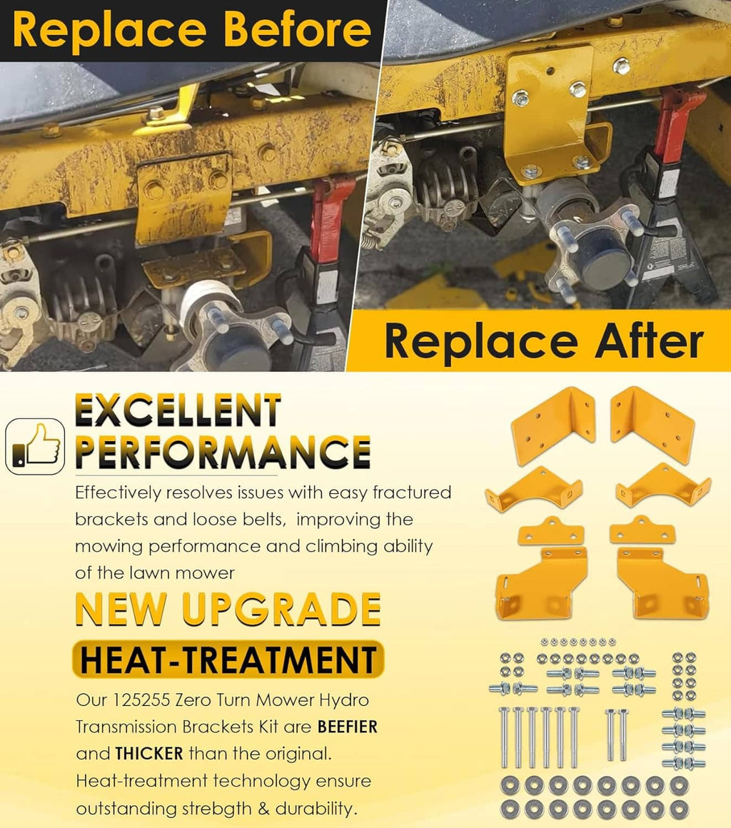 Yellow hydro transmission bracket installed on zero-turn mower, replace before/after