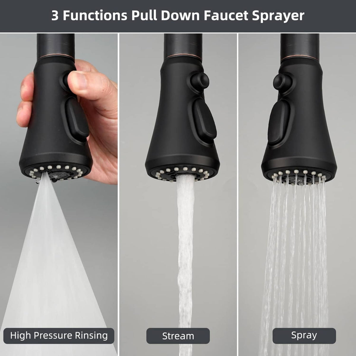 Matte black pull-down faucet sprayer releasing water stream from nozzle