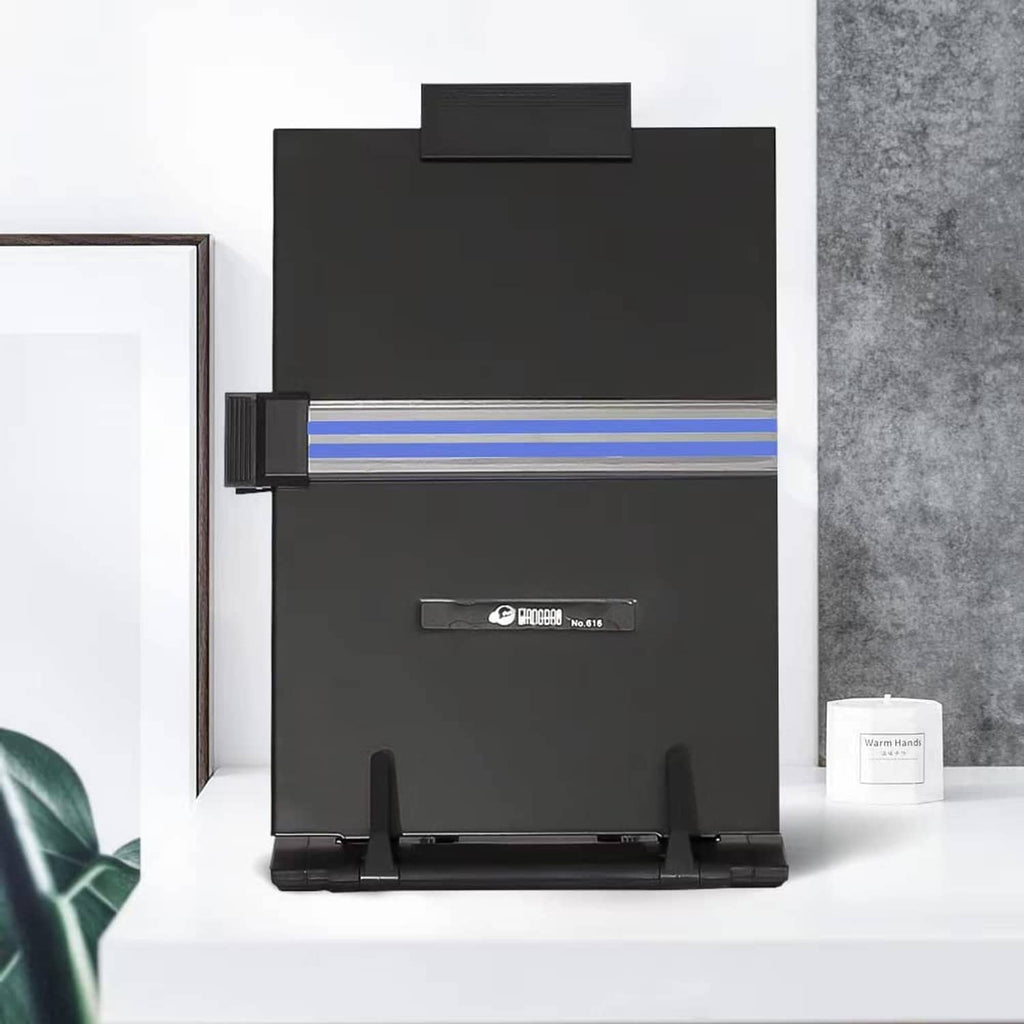 Black metal desktop document holder stand front view with paper support clips