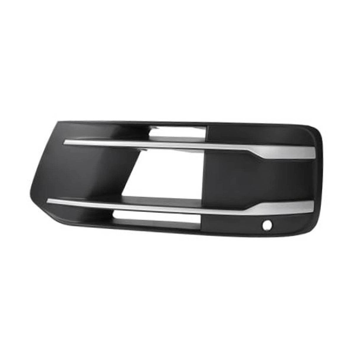 Black fog light grill cover with chrome trim bars and round mounting hole