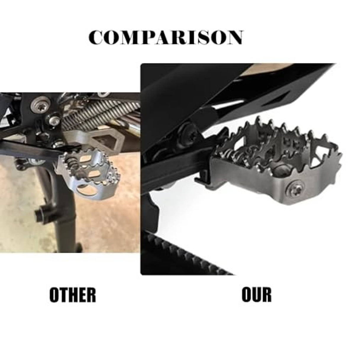 Metal motorcycle footpeg bracket with serrated grip plate shown in comparison