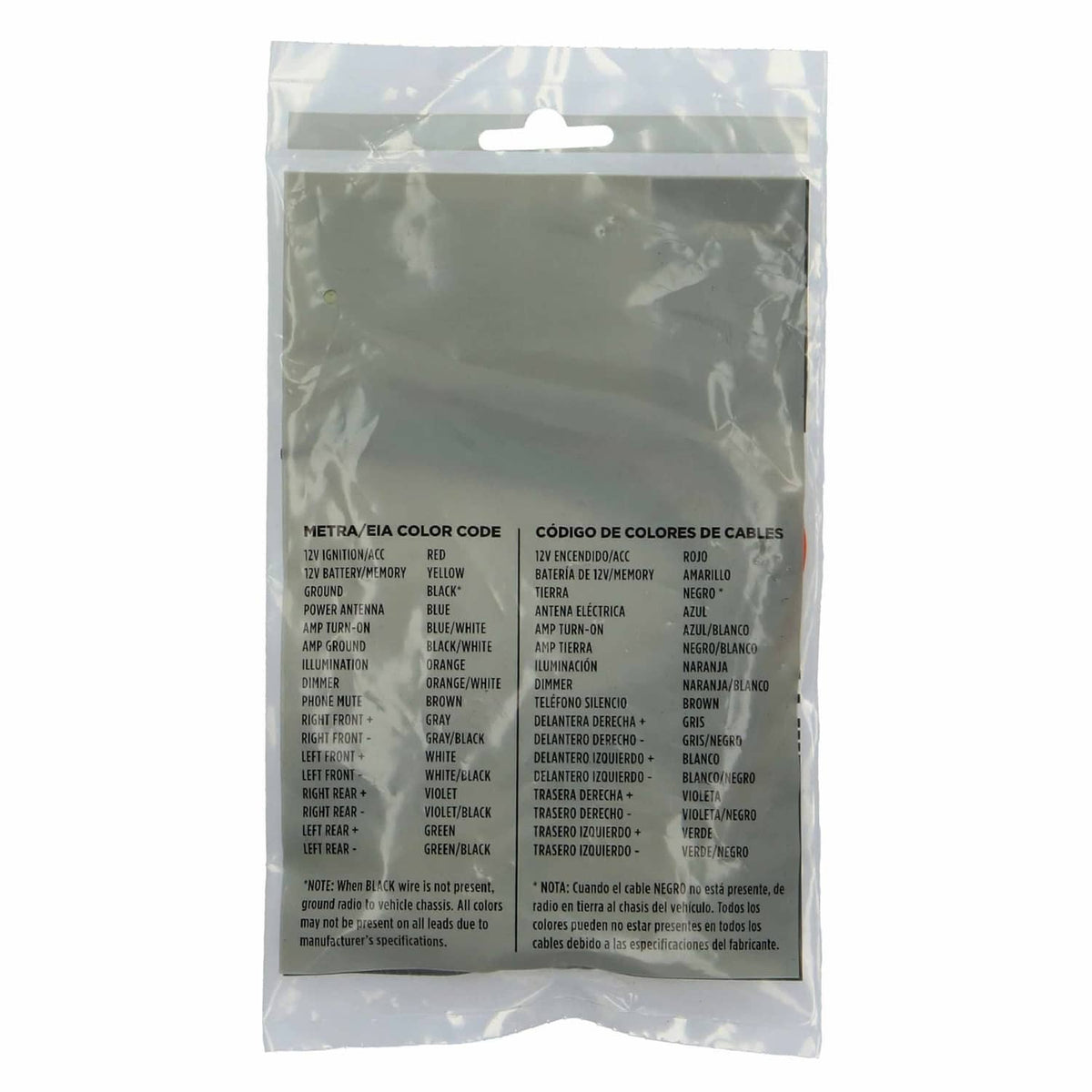 Car audio wiring harness instruction label with cable color code chart