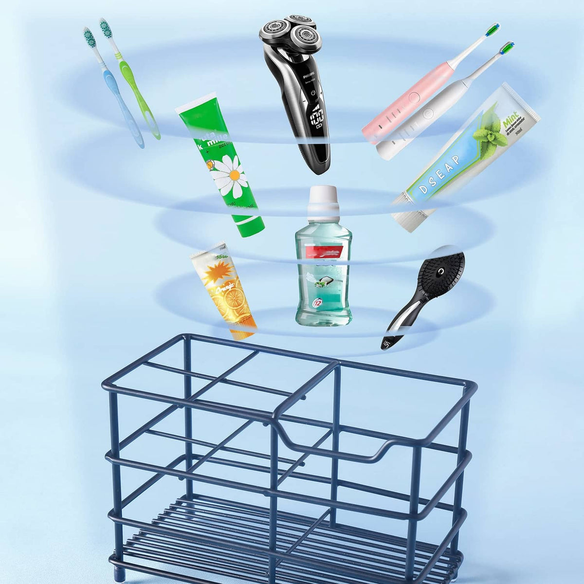Toothbrush holder with grid walls and two shelves, fitted with multiple toothbrushes