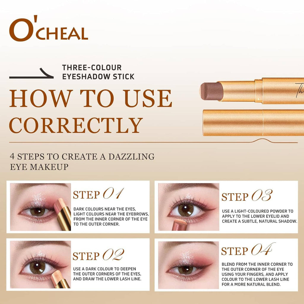 O'CHEAL three-color eyeshadow stick with usage steps diagram and stick close-up