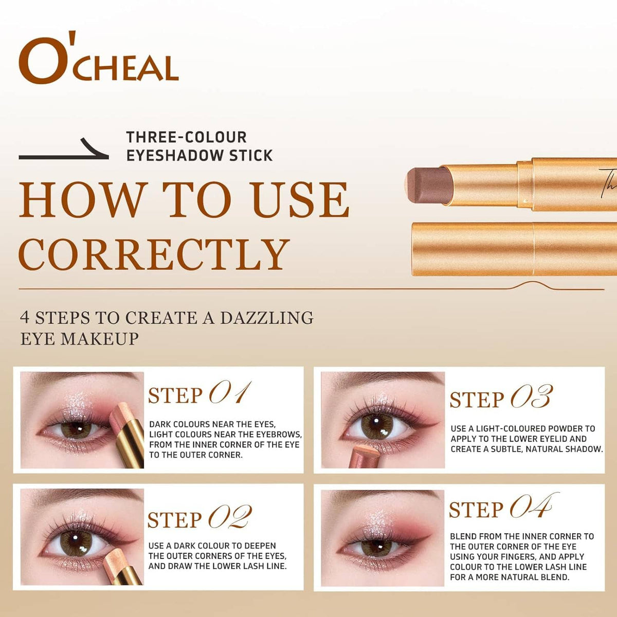 O'CHEAL three-color eyeshadow stick with usage steps diagram and stick close-up
