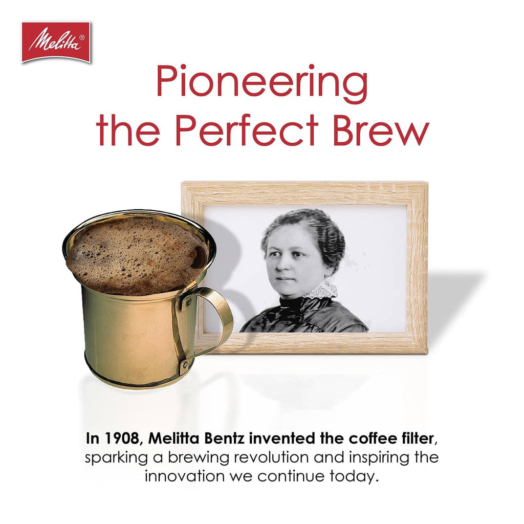 Melitta coffee filter brewing history infographic with kettle and photo frame illustration