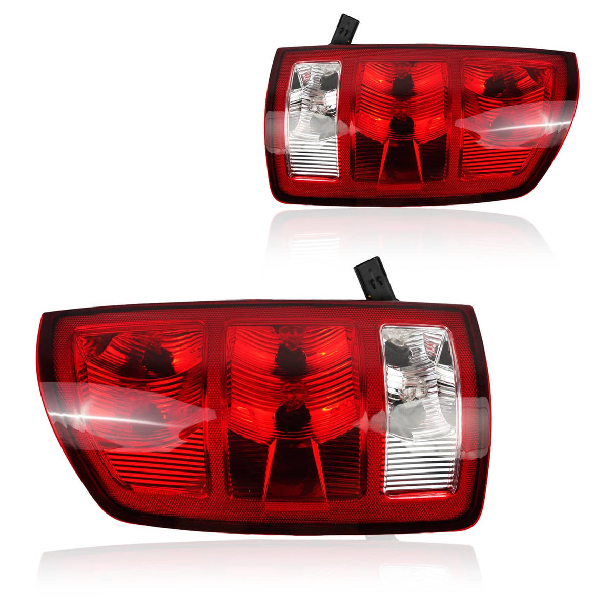 Pair of red tail lights with clear turn signal and white reverse lens blocks