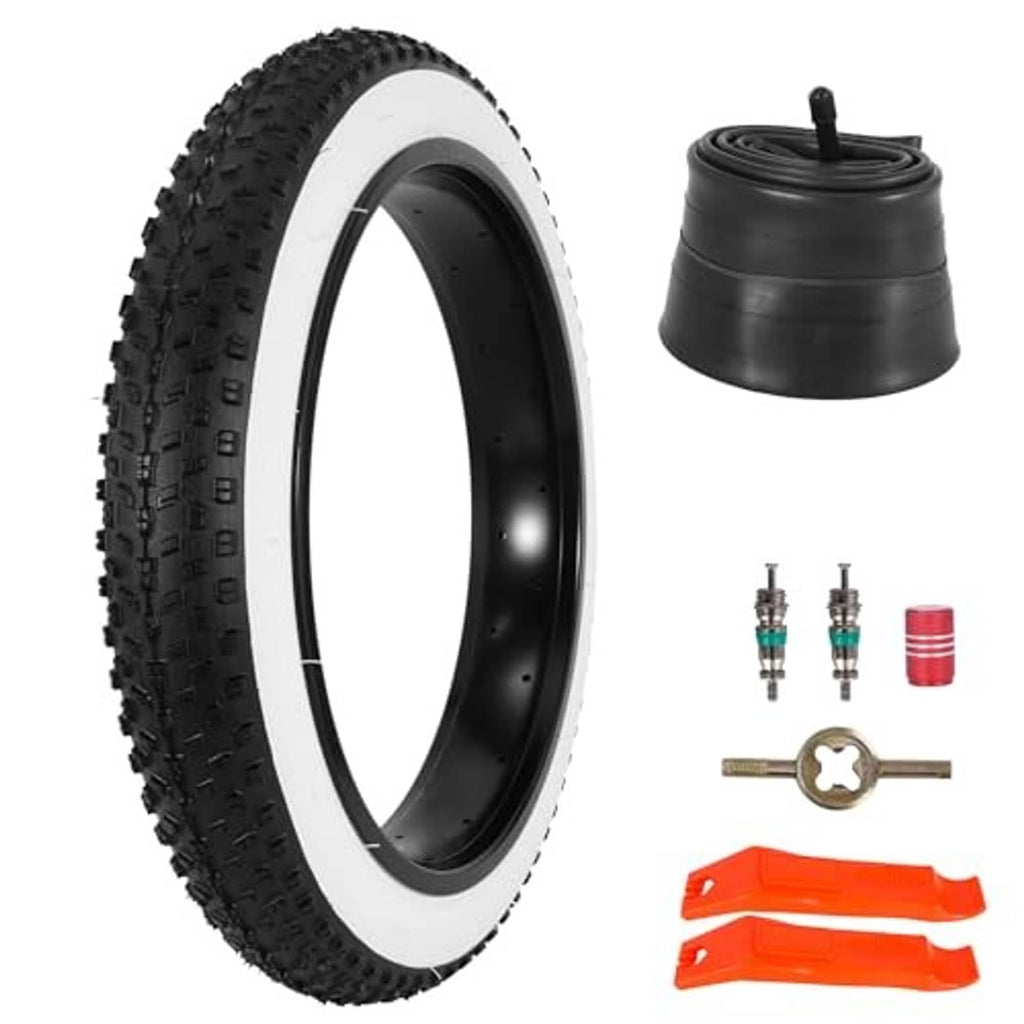 Foldable fat bike tire, black with white sidewall; includes inner tube and repair kit