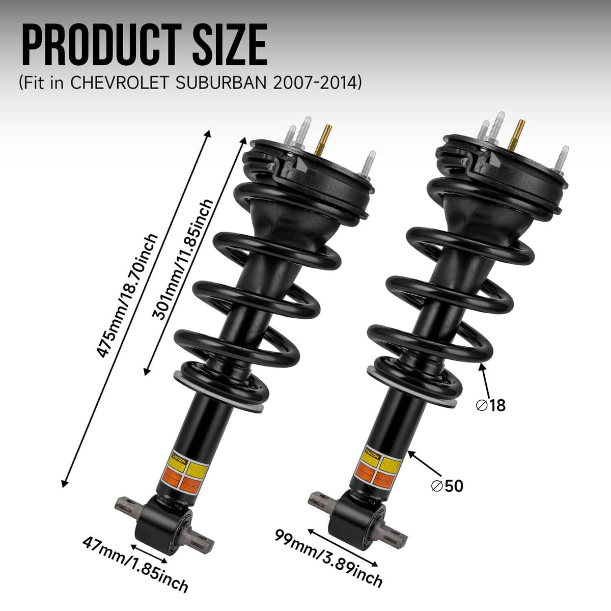Pair of black front shock struts with springs and mounting hardware
