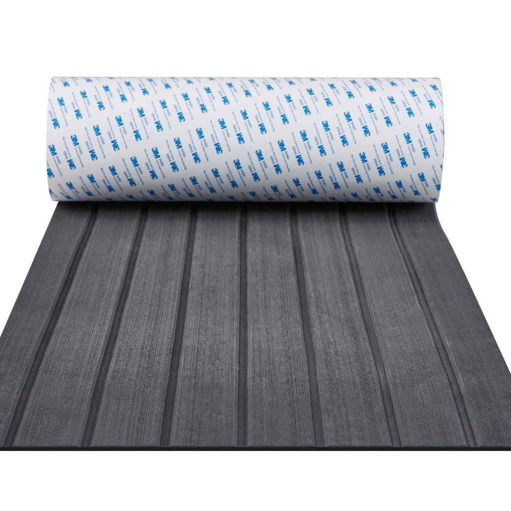 EVA foam boat deck mat sheet with dark gray textured strip pattern and roll