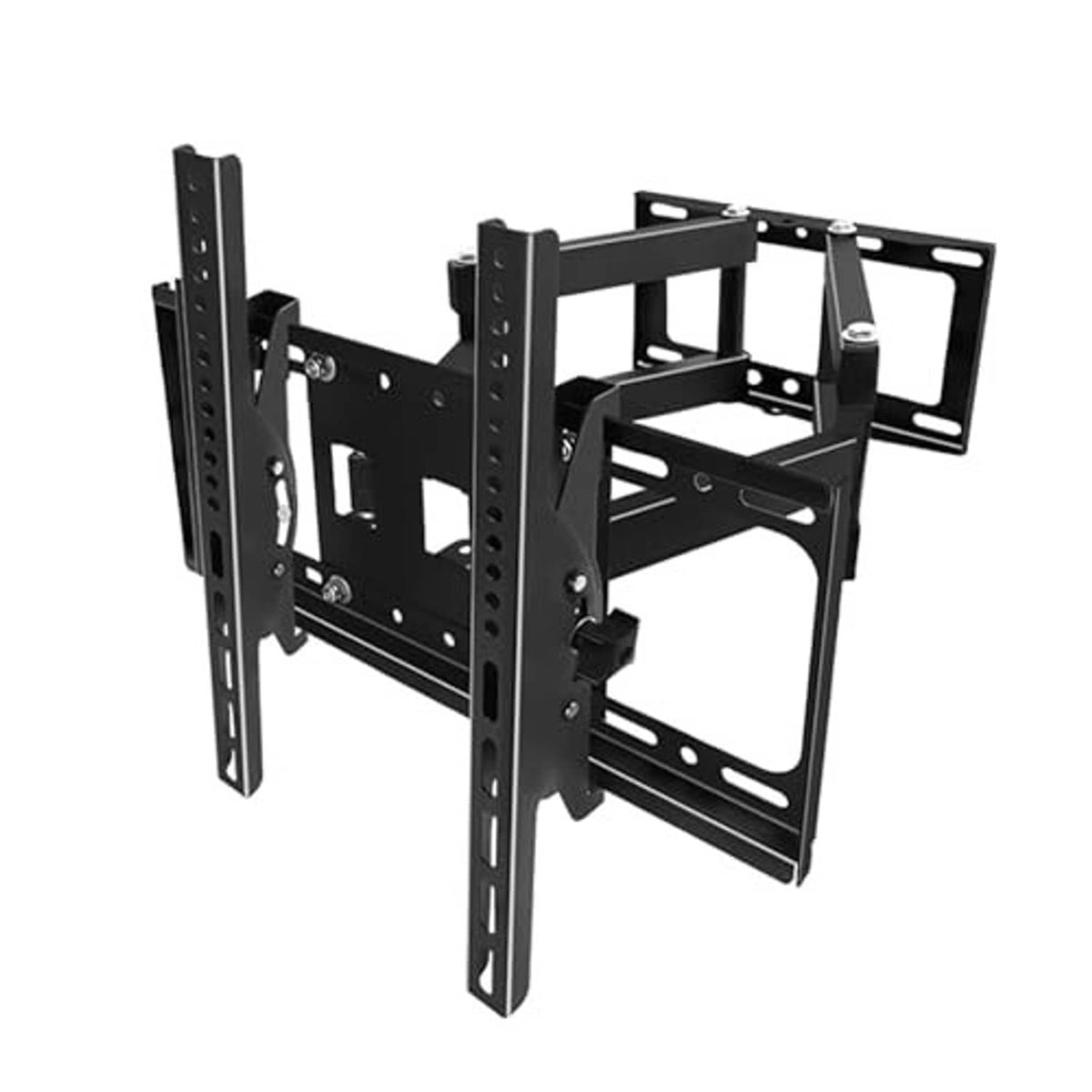 Full motion dual-arm TV wall mount, black steel bracket with extended arms and VESA plate