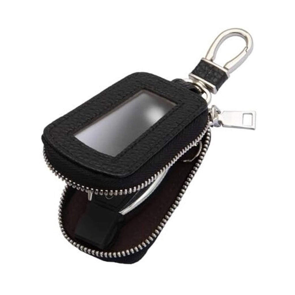 Black leather key fob case with zipper, metal key ring, and front screen window