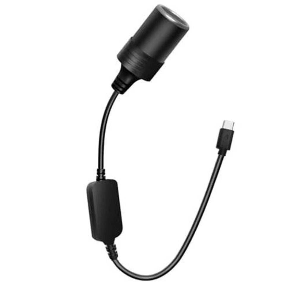 USB-C to 12V cigarette lighter adapter with curved black cable and USB-C plug