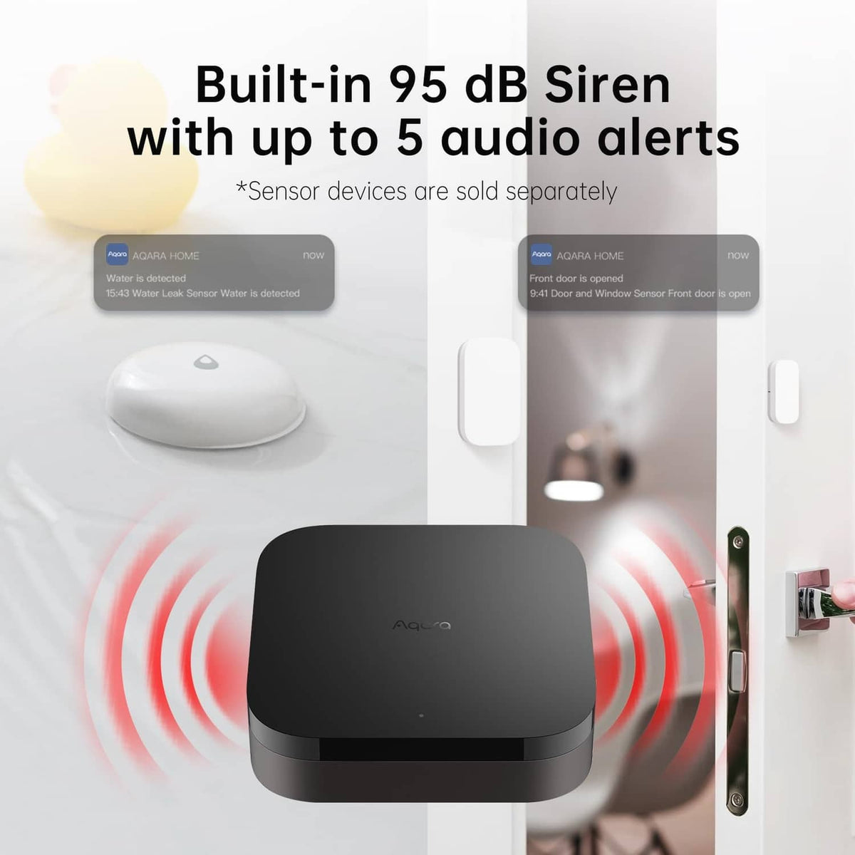 Black Aqara Hub M3 smart home hub with siren alert speaker wave indicators