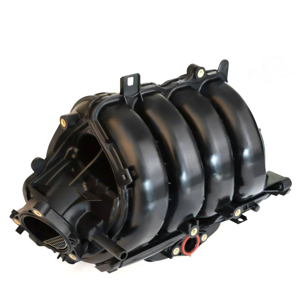 Black intake manifold housing with curved intake tubes and sensor mounting tabs